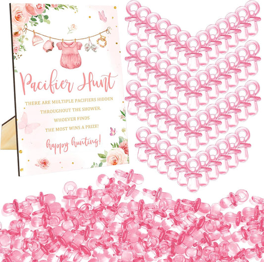 Whaline 51 Pcs Pacifier Hunt Baby Shower Game Include Pink Watercolor Flower Clothes Wooden Sign 50 Pink Plastic Pacifier for Girls Gender Reveal Party Favor Gift Supplies