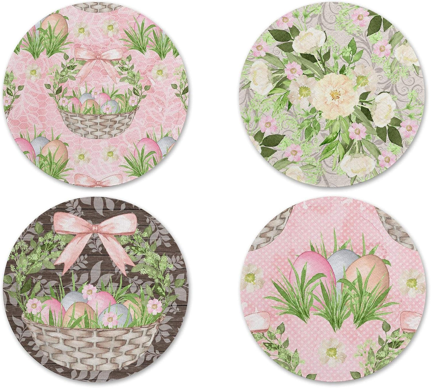 Rustic Easter Eggs Gift Basket Vintage Pastel Pink Floral Print Design Neoprene Drink Coasters (Set of 4) - Handmade by The Painted Pug