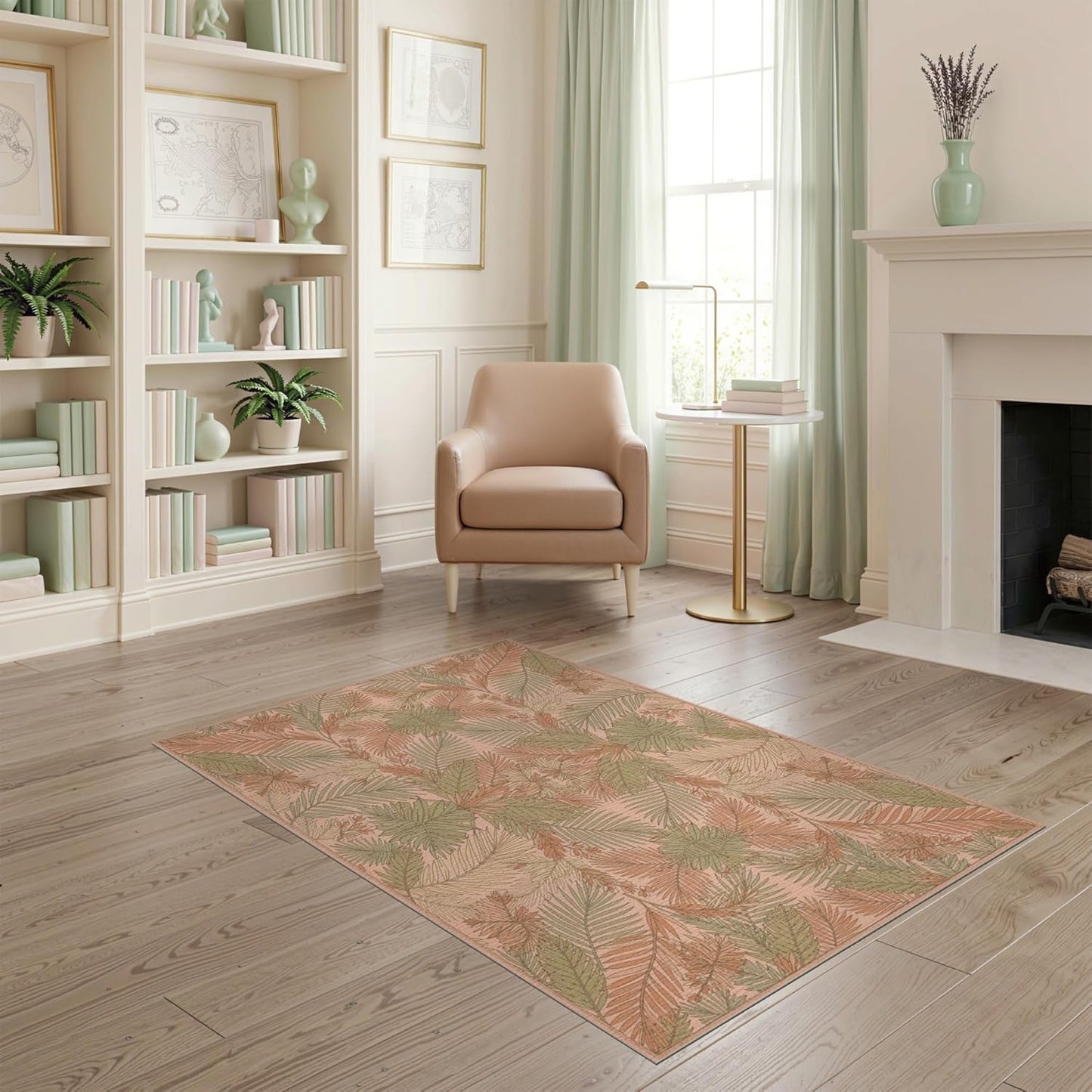 4'x6' Washable Modern Botanical Area Rug, Peach Flatwoven Floor Mat Non-Slip Chair-Friendly Carpet for Home Office, Gaming Room, Under Desk | Ref:2167497
