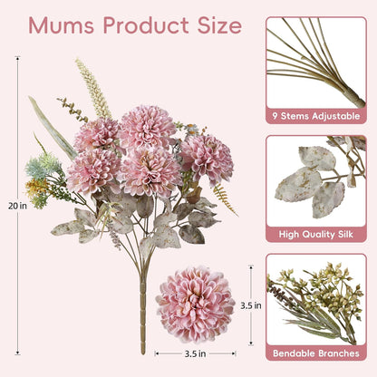 10 Heads Artificial Flowers Ball Mums Indoor for Vase, Large Silk Faux Chrysanthemum with Stems, Fake Bouquet for Home Decor Table Filler, 2 Pack (Pink)