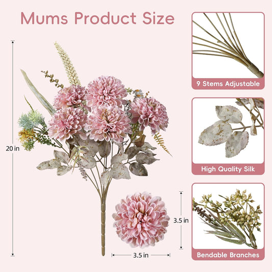 10 Heads Artificial Flowers Ball Mums Indoor for Vase, Large Silk Faux Chrysanthemum with Stems, Fake Bouquet for Home Decor Table Filler, 2 Pack (Pink)