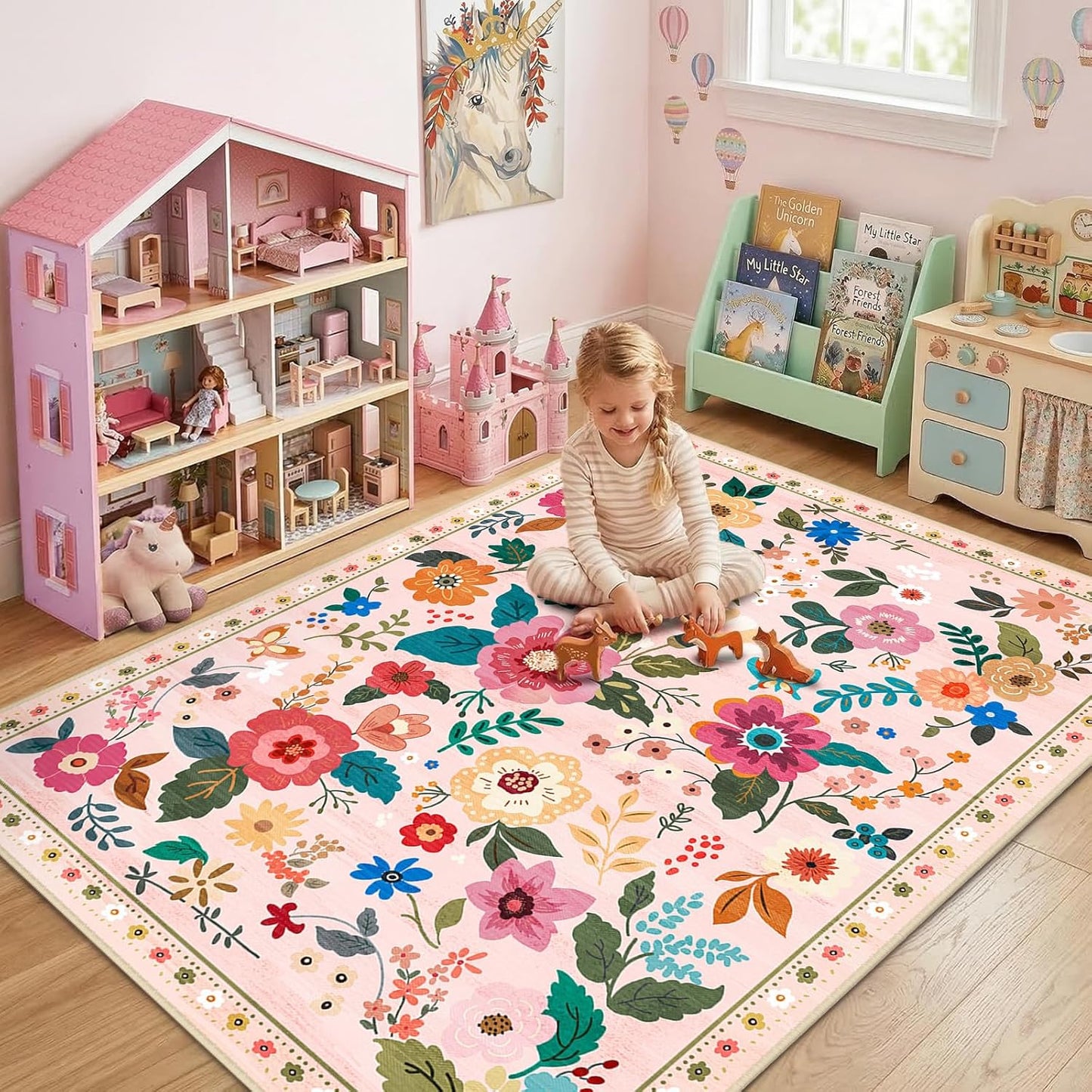 RELEANY Floral 5x7 Area Rug Machine Washable Soft Print Boho Carpet Non Slip Doormat Low Pile Flower Area Rugs for Living Room Bedroom Nursery Kitchen Dining Room Indoor-Pink