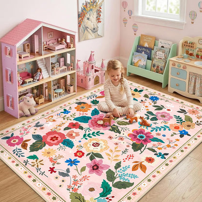 RELEANY Floral 5x7 Area Rug Machine Washable Soft Print Boho Carpet Non Slip Doormat Low Pile Flower Area Rugs for Living Room Bedroom Nursery Kitchen Dining Room Indoor-Pink