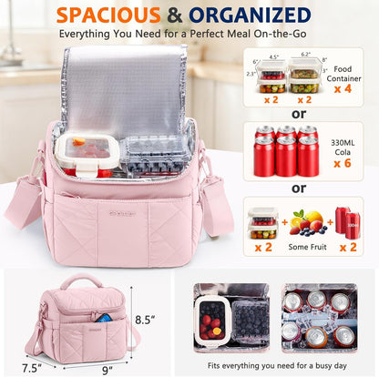 Insulated Lunch Bag for Women, Quilted Lunch Tote Bag with Shoulder Strap, Leakproof Soft Lunch Box, Reusable Lunch Cooler Bag for Work Office Picnic Travel, Large Capacity