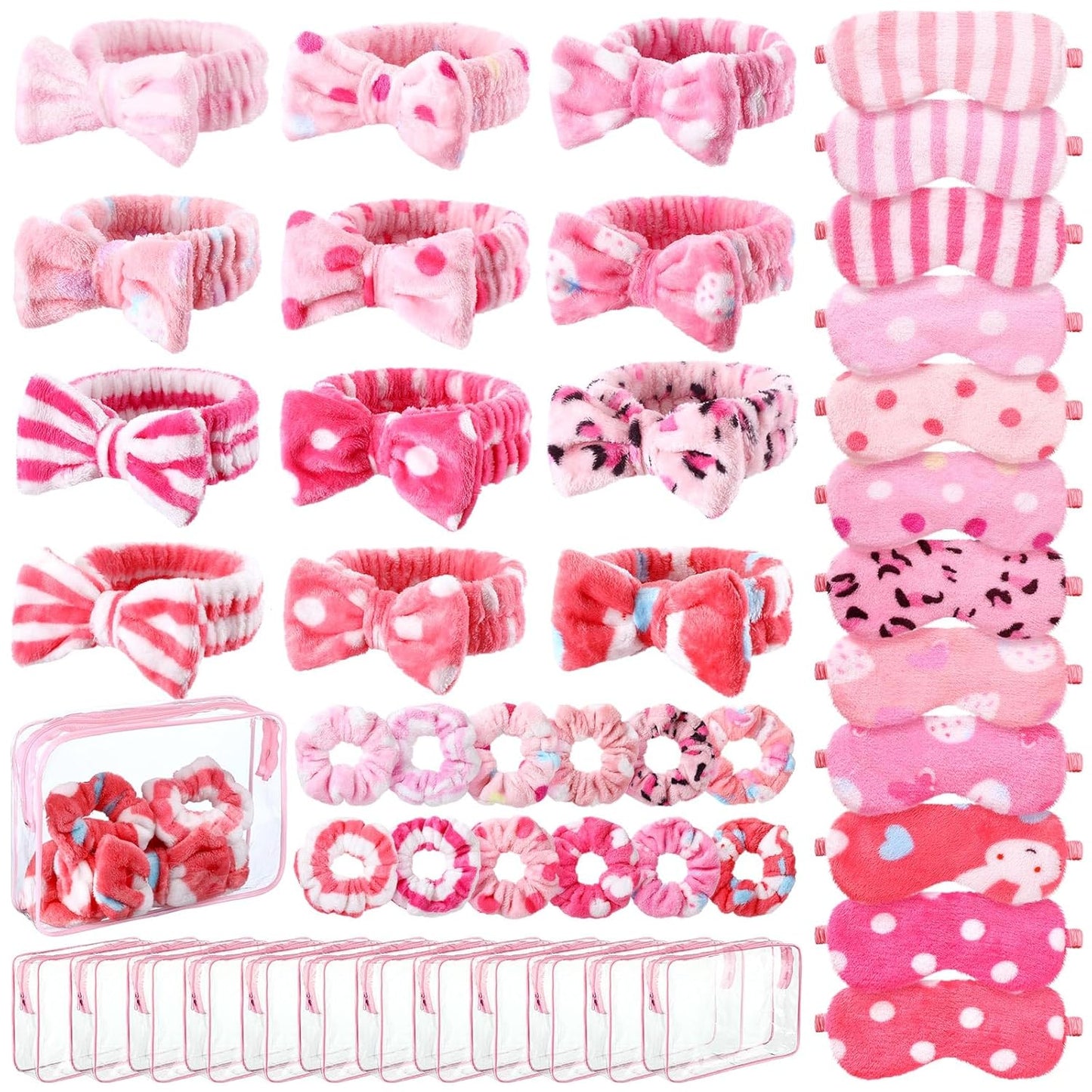 Kajaia 48 Pcs Spa Party Supplies for Girls Spa Party Favor Sleepover Slumber Supplies for Women Headband Eye Mask Hair Scrunchies Toiletry Bag(Pink,Lovely)