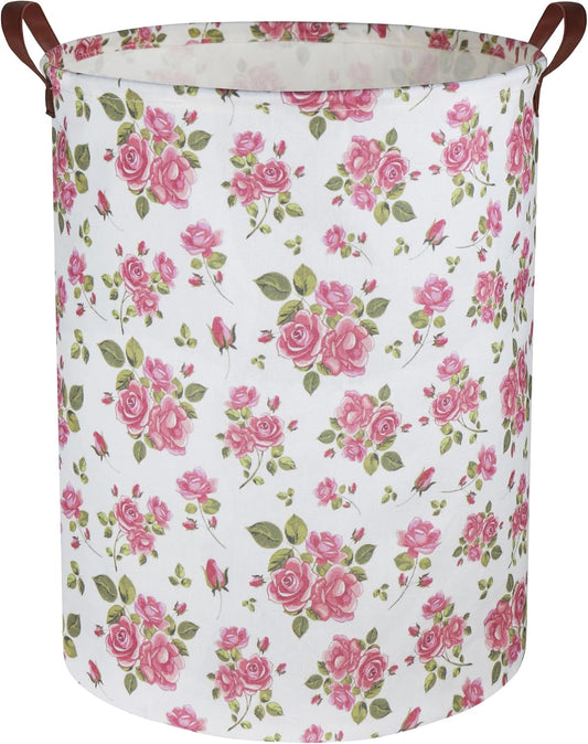 Roses Pink Laundry Basket Baby Girls Laundry Hamper Kids Toy Storage Bins Organizer Gift Basket Pink Rose Bedroom Decor Bathroom(Pink Rose)