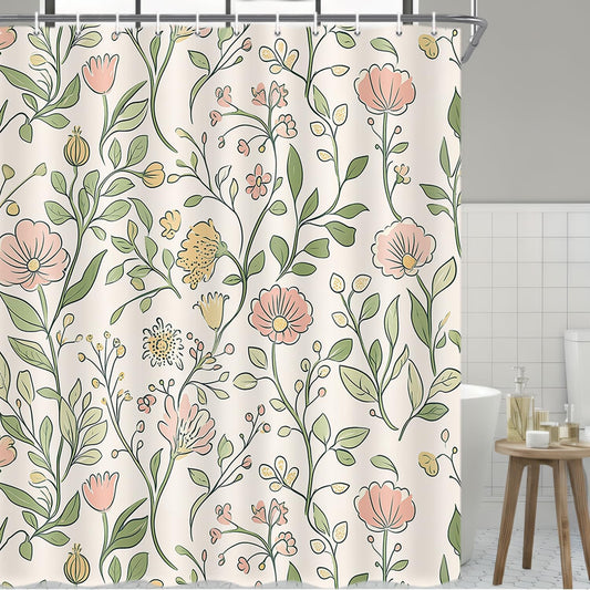 Boho Farmhouse Floral Shower Curtain, Vintage Delicate Pink Yellow Flowers & Green Leaves Print Polyester Bath Curtains, Waterproof Curtain Set with Hooks Decorative Curtains for Bathroom Bathtub