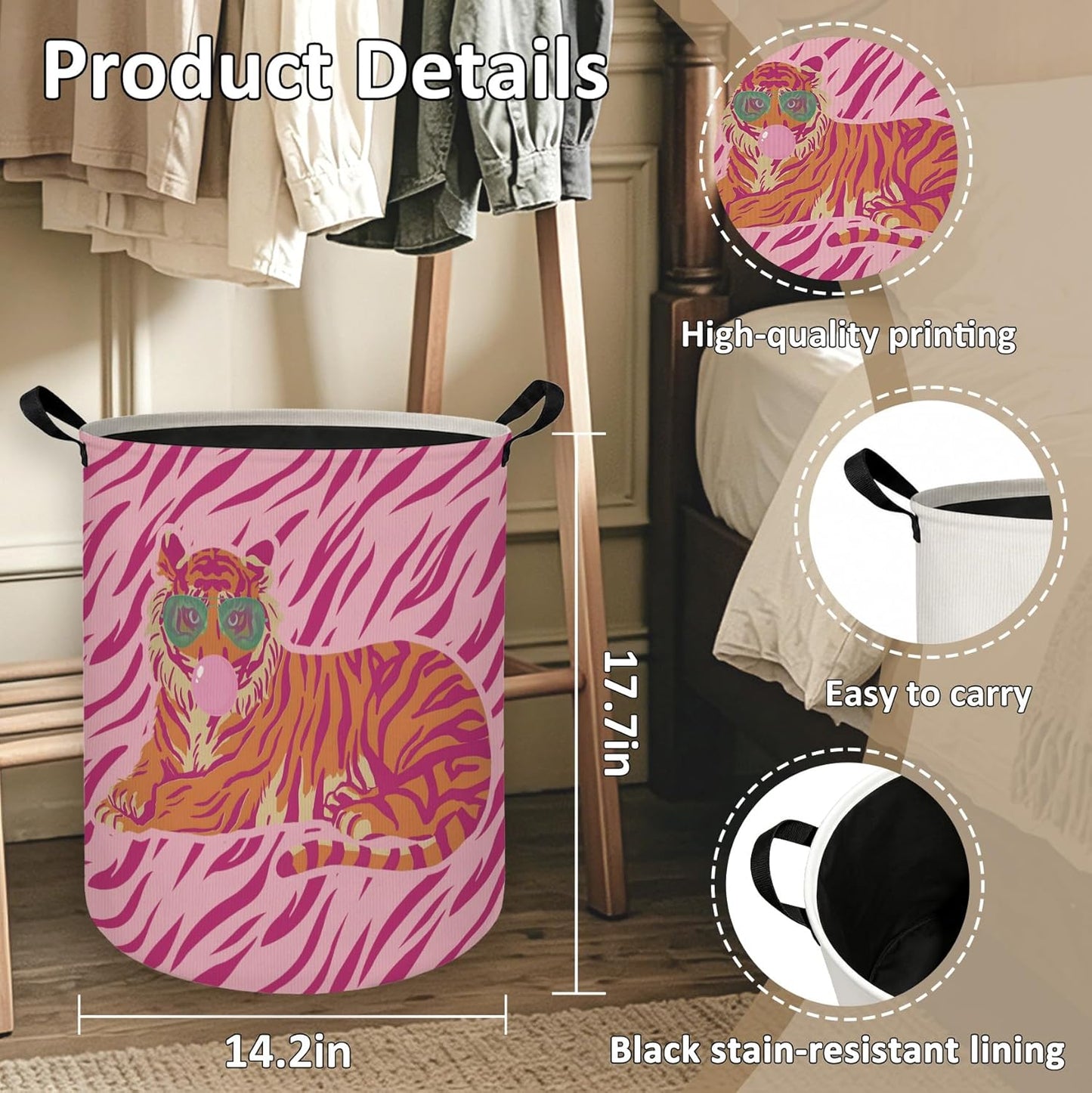 Trendy Pink and Orange Tiger Laundry Basket with Handles, Preppy Tiger with Sunglasses Laundry Hamper Waterproof Collapsible Clothes Toys Storage Organizer for Girls Dorm Bedroom Bathroom