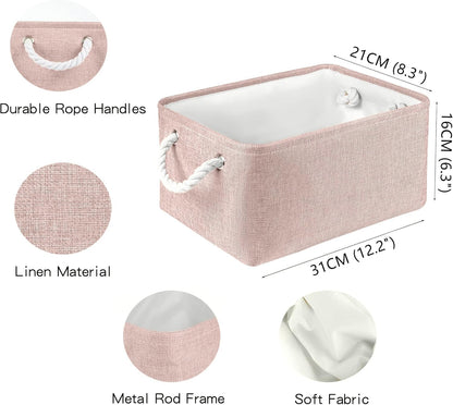 Storage Bins with Sturdy Cotton Handles(1 Pack), Fabric Storage Baskets for Organizing use for Office & Home, Book, Clothes, Toys, Closet Boxes (Small, Pink, 12.2x8.3x6.3 inches)