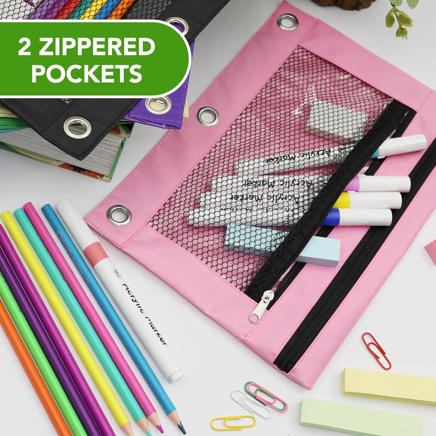 Pencil Pouch for 3 Ring Binder, Heavy Duty Canvas Dual Zipper Pen Bag with Clear Window, Smooth Metal Zipper, Fit Standard 3-Ring Binders for School Office Travel Supplies (Pink)