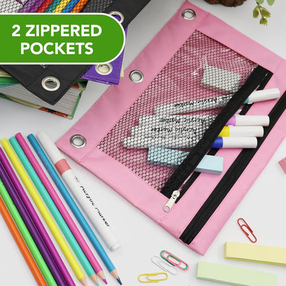 Pencil Pouch for 3 Ring Binder, Heavy Duty Canvas Dual Zipper Pen Bag with Clear Window, Smooth Metal Zipper, Fit Standard 3-Ring Binders for School Office Travel Supplies (Pink)
