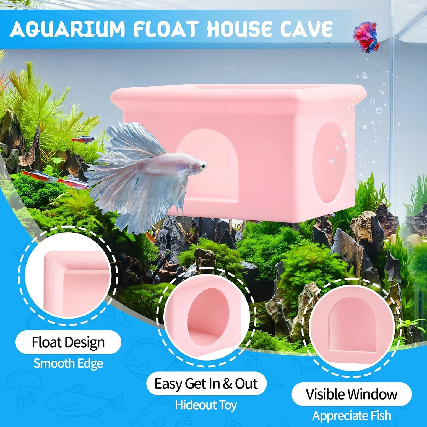 Floating Betta Fish Hammock Cave House for Aquarium, 3D Printed Betta Shrimp Feeder & Hideout Cave Toys, Small Aquarium Feeding Ring Decor, Turtle Fish Tank Decorations Accessories -Pink