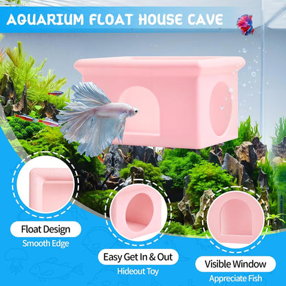 Floating Betta Fish Hammock Cave House for Aquarium, 3D Printed Betta Shrimp Feeder & Hideout Cave Toys, Small Aquarium Feeding Ring Decor, Turtle Fish Tank Decorations Accessories -Pink