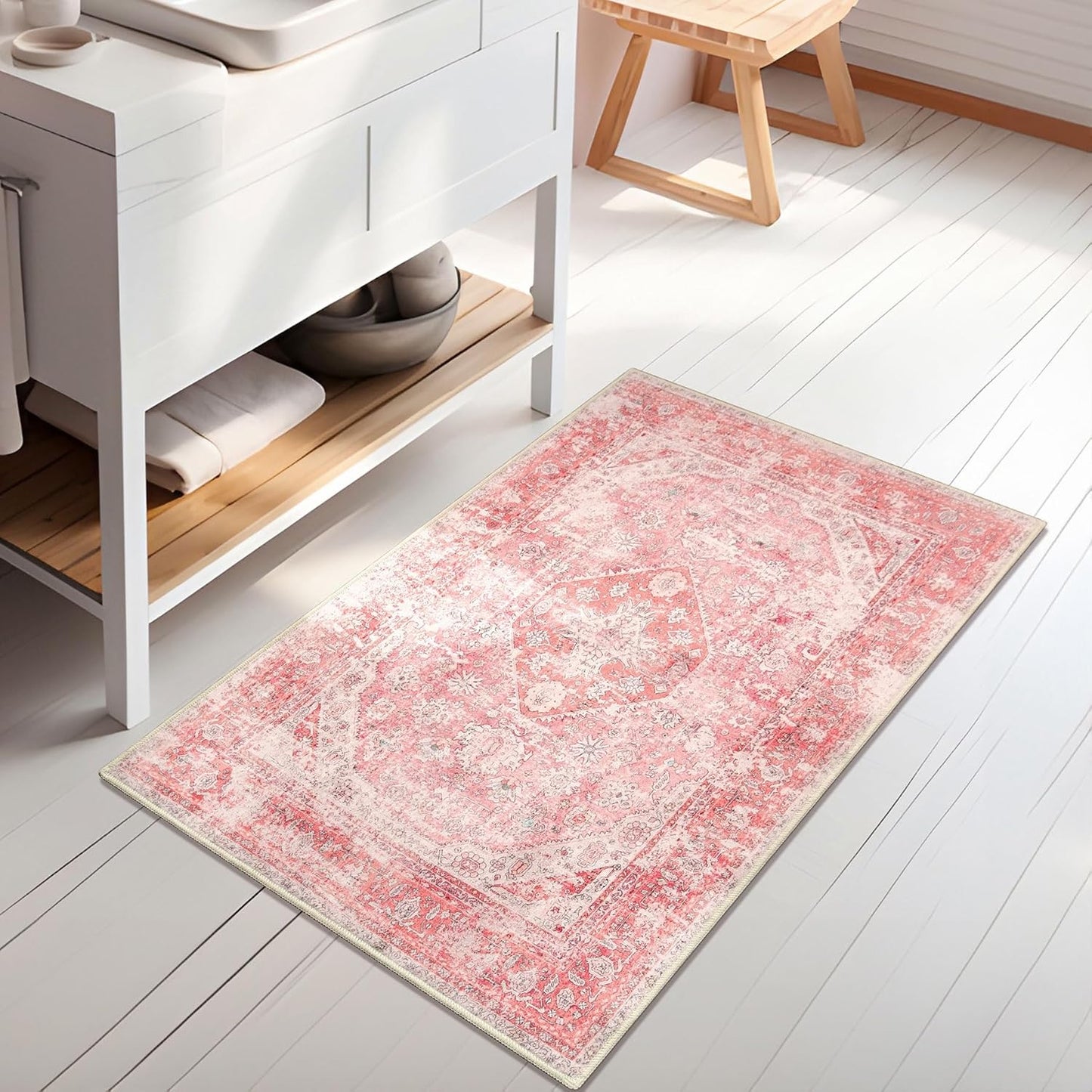 MUJOO Pink Rugs for Bedroom Girls Small Boho Area Rug Washable Rugs for Entryway Non Slip Throw Carpet for Bathroom Door Mat Shower Room Entrance Soft Light Pink Floral Home Decor 2'x3'