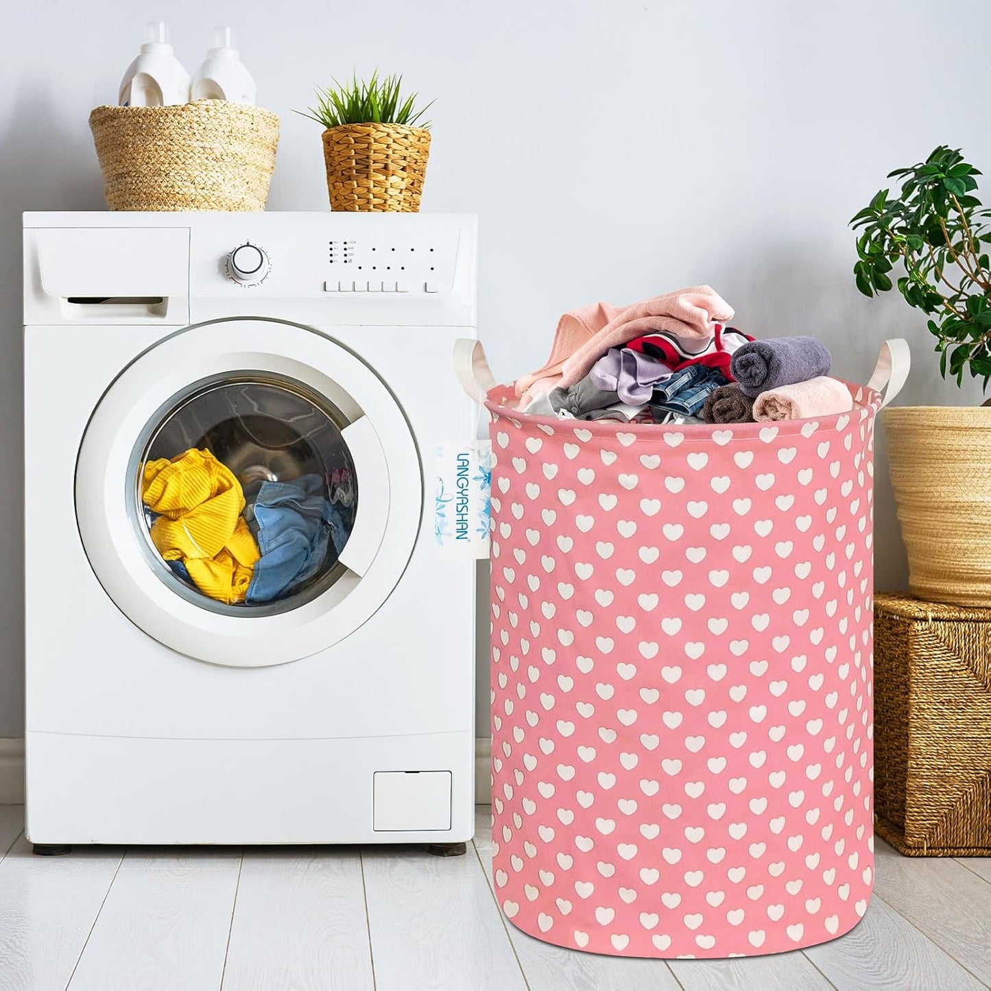 Laundry Hamper Collapsible Kids Storage Basket Waterproof Fabric Toy Clothes Organizer Bin for Children Bedroom Bathroom (Pink heart)