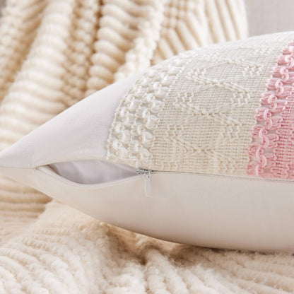 Soft Cotton Boho Lumbar Throw Pillow Covers Set of 2, Natural White/Contrast Light Pink 12x20 Inch, Light Pink Farmhouse Decorative Cushion Covers for Sofa Bed Living Room Home Decor