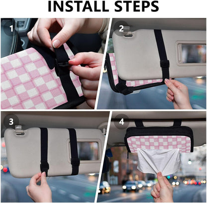 Car Tissue Holder Car Napkin Holder Car Tissue Box Dispenser Storage Case Sun Visor Mask Holder with Adjustable Straps Reusable Refillable Pink and White Checkerboard