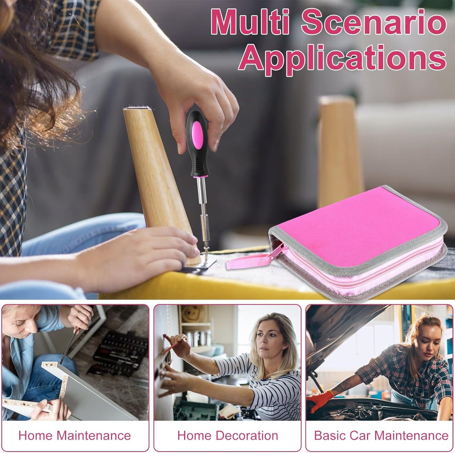 23Pcs Household Repair Tool Kit Multifunctional Pink Home Hand Set with Storage Bag Portable Women Combination with for DIY (Pink)