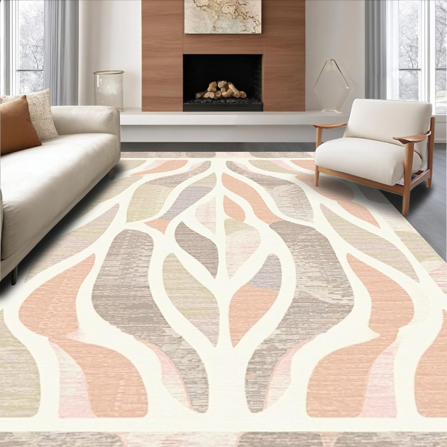 Flatwoven High Traffic Area Rug 4x6, Dynamic Arc Motif with Fluid Lines and Playful Rhythm Design, Non Slip, Stain Resistant, Washable Area Rugs for Living Room, Bedroom (Peach, 4x6)