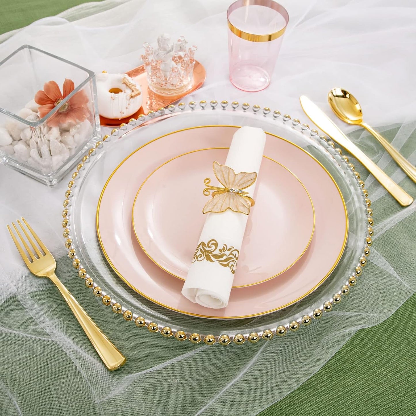 Rubtlamp 210Pcs Plastic Pink Plates with Gold Plastic Silverware Set Include 30Pink Dinner & 30 Dessert Plates, 90Gold Cutlery, 30Gold Cups, 30Napkins, Pink Dinnerware for Valentines&Mother's Day