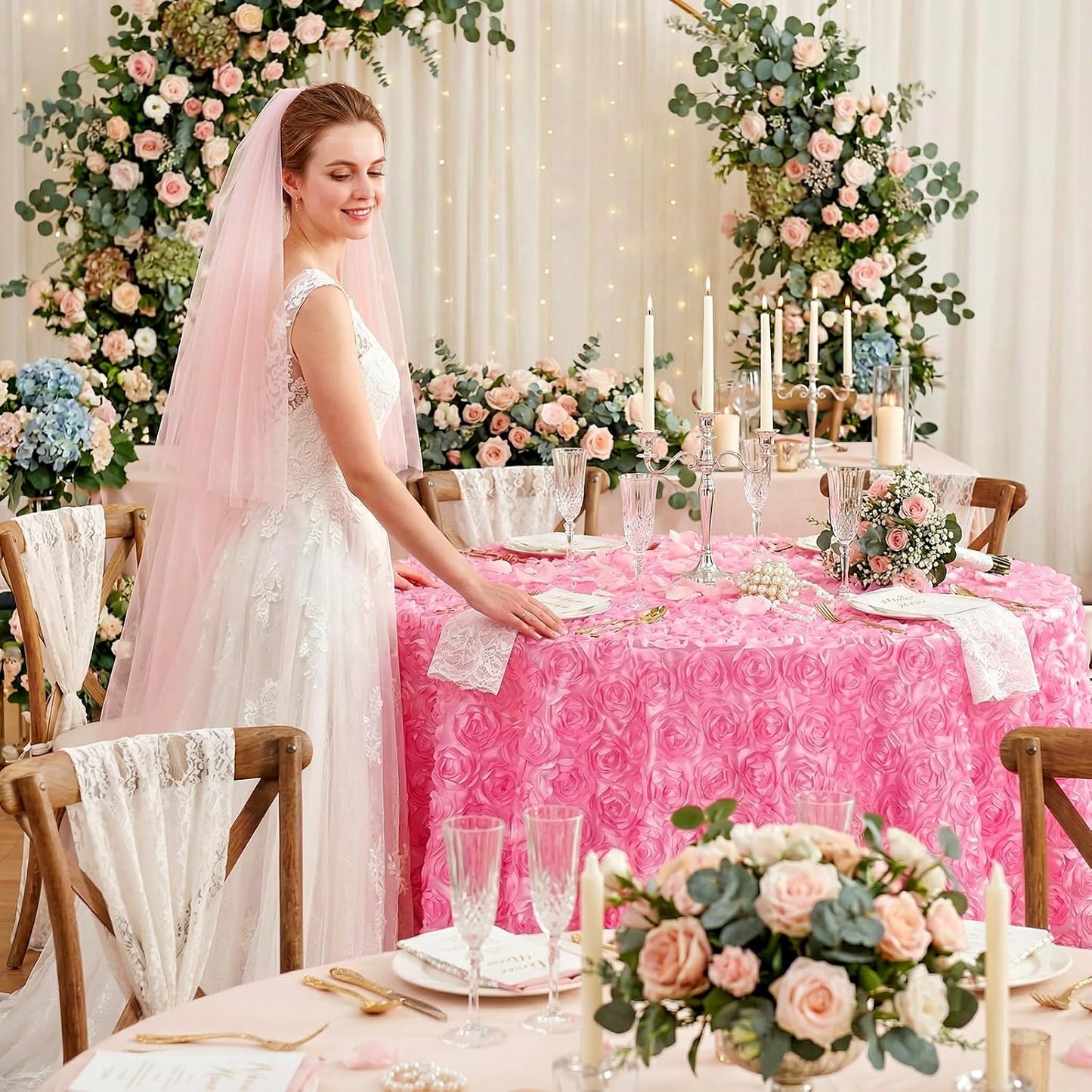 QueenDream Pink 3D Floral Table Cloth for Parties 90 Inch Round Tablecloth Satin Overlay Rosette Tablecloth for Wedding Birthday Tea Party Baby Shower Picnic Table Decorations