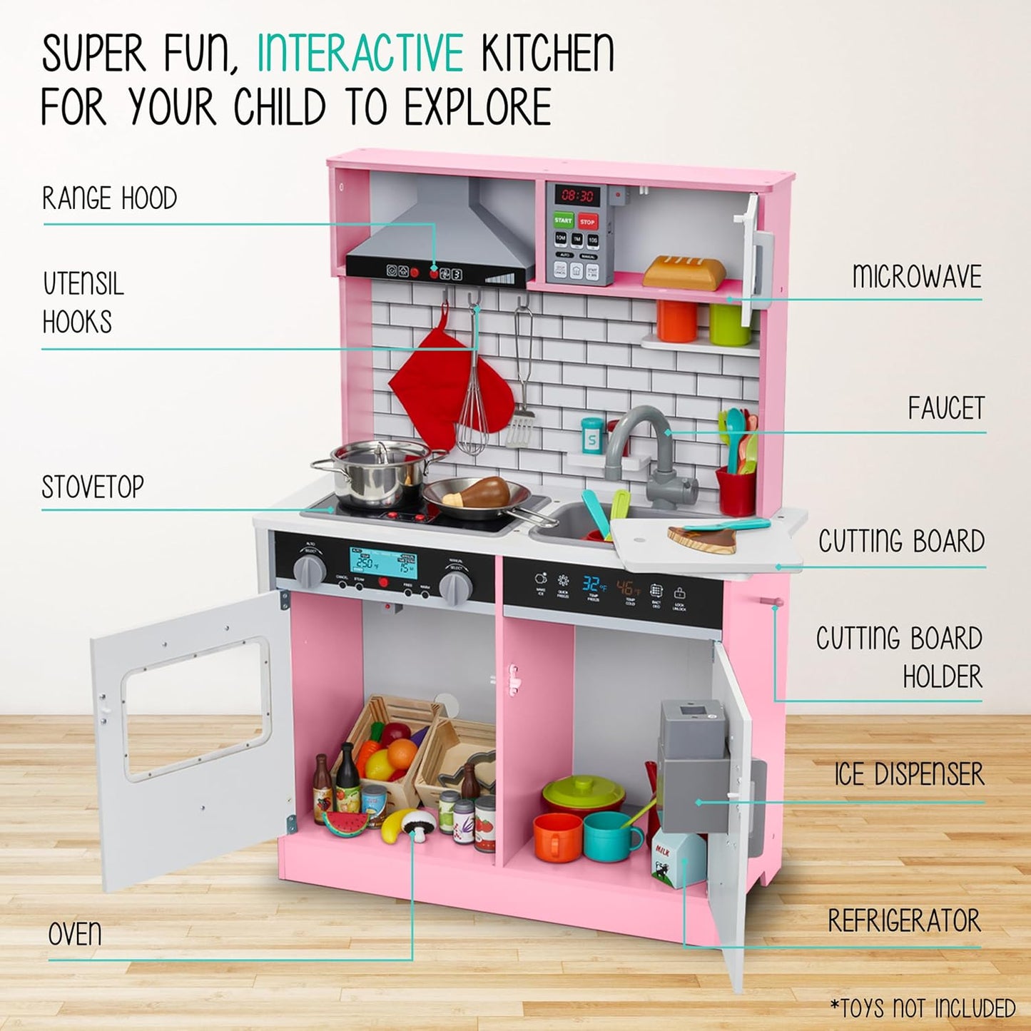 Lil' Jumbl Kids Pink Small Kitchen Set, Pretend Wooden Play Kitchen, Includes Range Hood, Microwave, Stove Top, Oven that Make Realistic Sound & Light, Pots, Pan, Cutting Board & Utensils Included