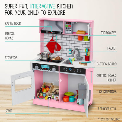 Lil' Jumbl Kids Pink Small Kitchen Set, Pretend Wooden Play Kitchen, Includes Range Hood, Microwave, Stove Top, Oven that Make Realistic Sound & Light, Pots, Pan, Cutting Board & Utensils Included