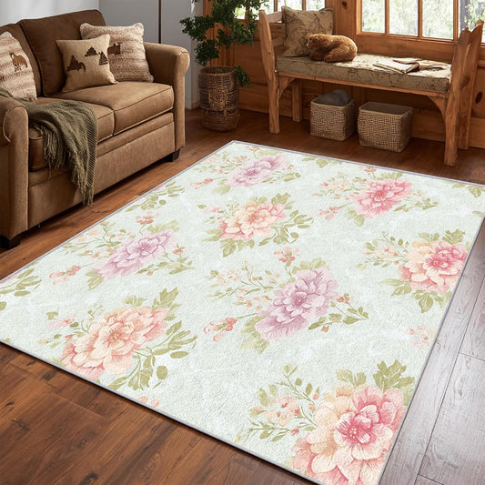 Vintage Floral Rugs for Living Room 8x10, Light Green Shabby Chic Bedroom Carpet, Pink Peach Flower Pattern Design Large Area Rug, Washable Non Slip Soft Area Carpet, Nature Home Decor A5750