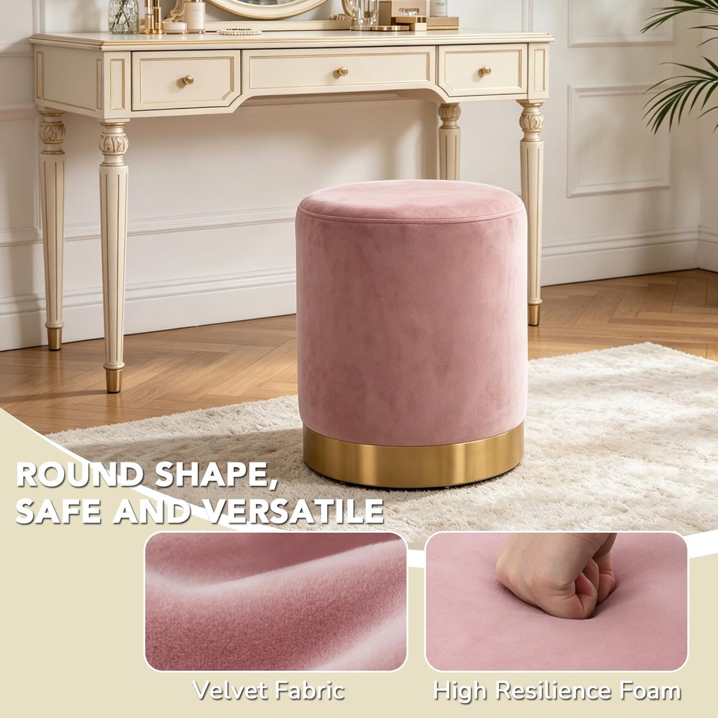 LSSBOUGHT Round Velvet Ottoman, 16" H Footrest Stool with Gold Metal Base, Modern Upholstered Vanity Stool for Living Room, Bedroom, Entryway (Pink, Set of 1)