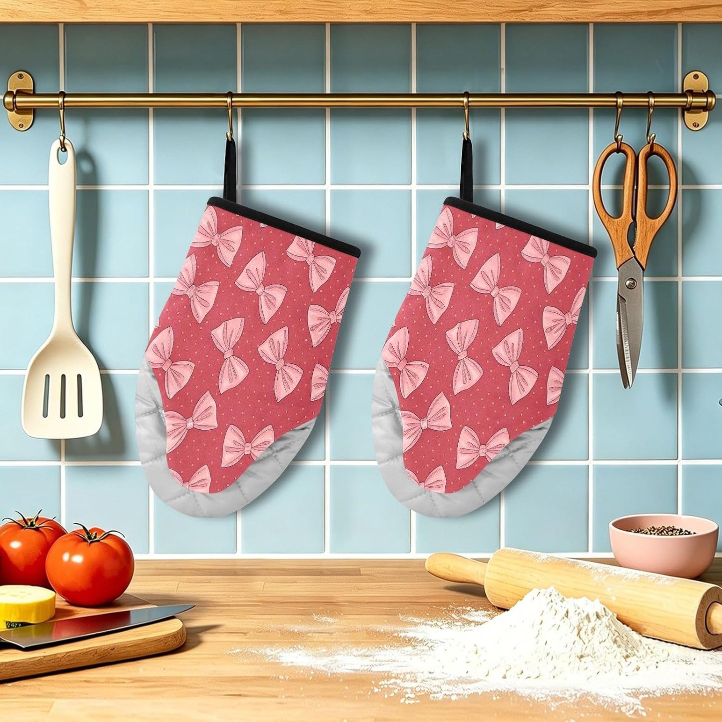 Red Pink Bows Non-Slip Oven Mitts Set Heat Resistant Kitchen Gloves with Quilted Liner Cotton Machine Washable with Hanging Loop for Baking Grilling BBQ