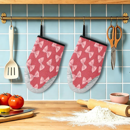 Red Pink Bows Non-Slip Oven Mitts Set Heat Resistant Kitchen Gloves with Quilted Liner Cotton Machine Washable with Hanging Loop for Baking Grilling BBQ