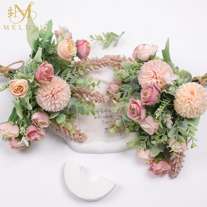 3Pcs Rose Bouquet Pink Artificial Flowers Eucalyptus Plants Fake Silk Flower Arrangements Wedding Bouquets Decorations Plastic Floral Table Centerpieces for Home Kitchen Garden Party Decor
