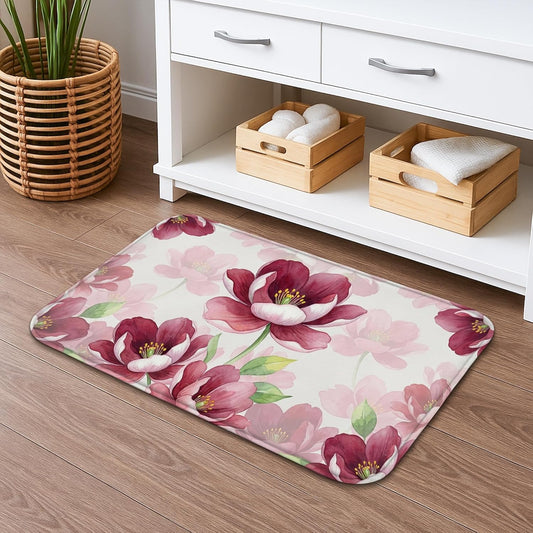 Floral Quick Dry Bath Mat, Vintage Peach Peony Pattern Absorbent Non Slip Shower Mat, Spring Decorative Washable Bath Rugs for Bathroom Toilet Restroom 16x24 Inch
