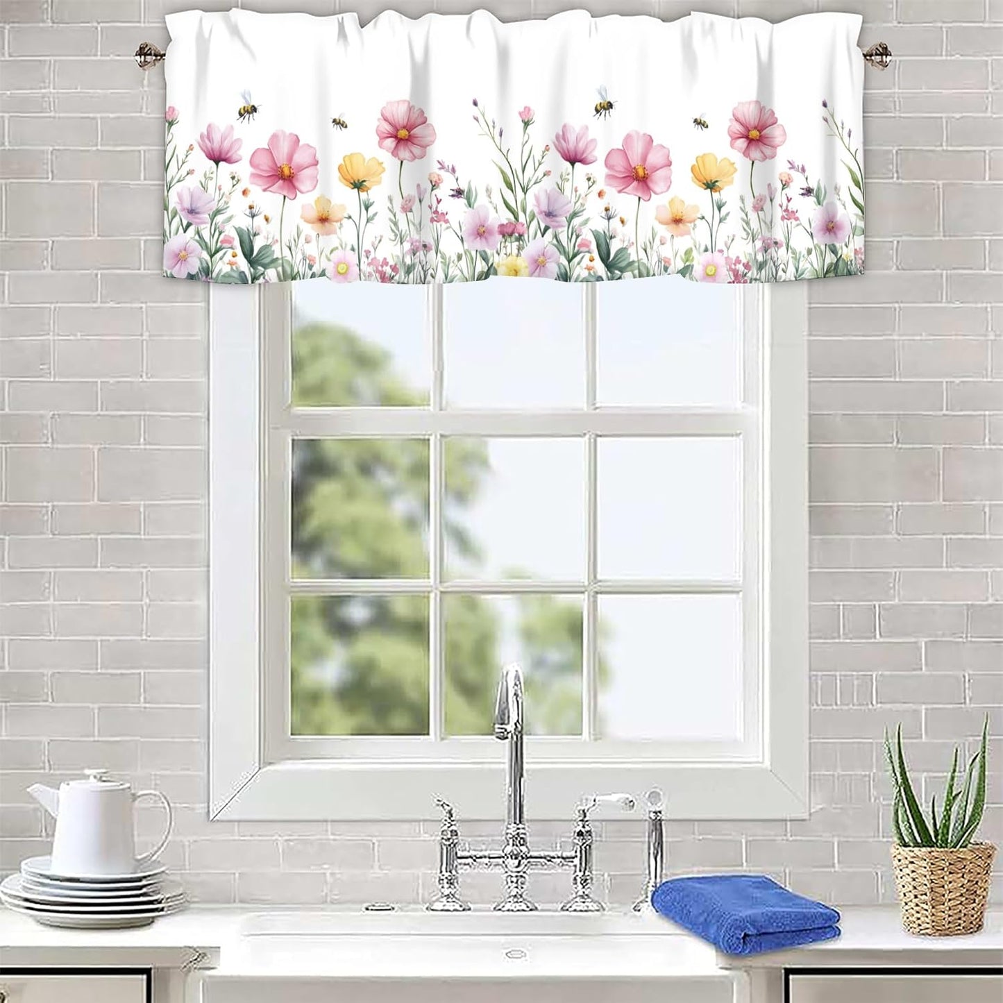 Spring Wildflowers Curtain Valance for Windows Bees Floral Pink Window Treatments 1 Panel Short Curtains for Kitchen Windows Bathroom Bedroom,42 x 12 Inch