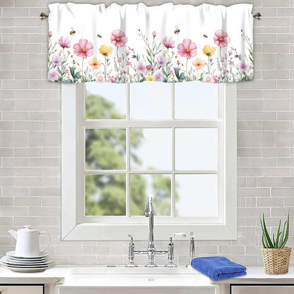 Spring Wildflowers Curtain Valance for Windows Bees Floral Pink Window Treatments 1 Panel Short Curtains for Kitchen Windows Bathroom Bedroom,42 x 12 Inch