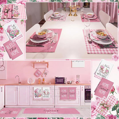 Fourluoo 16 Pcs Pink Rose Kitchen Decor Set Kitchen Towels Placemats Non Slip Rugs and Mats for Floor Oven Mitts Gloves Pot Holders Floral Curtains for Home Decoration Gift