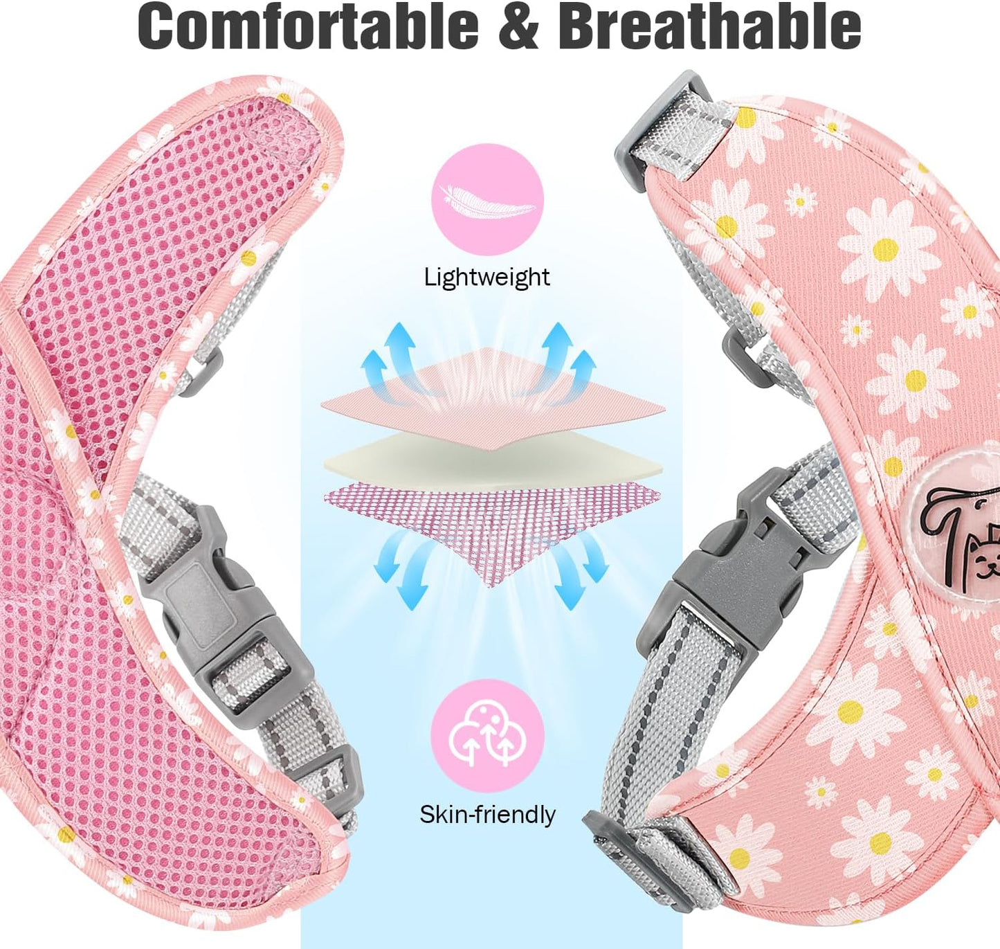 Pawaboo Small Dog Harness and Leash Set, Puppy Harness X-Frame No Pull No Choke, Dog Vest Harness Adjustable for Small Medium Sized Dogs,Soft Breathable Pet Harness for Walking Outing, M, Pink Daisy