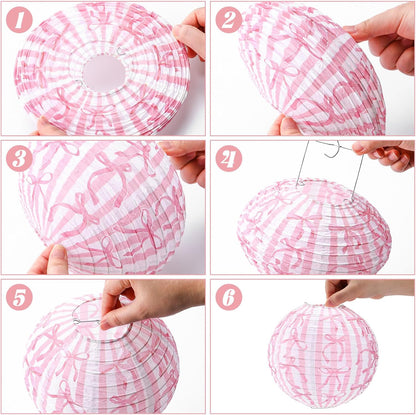 Glooglitter 12 Pcs Pink Bow Party Decorations Coquette Birthday Decorations Pink Bow Paper Lanterns Hanging Decor for Weddings Bachelorette Bridal Shower Engagement Party Supplies
