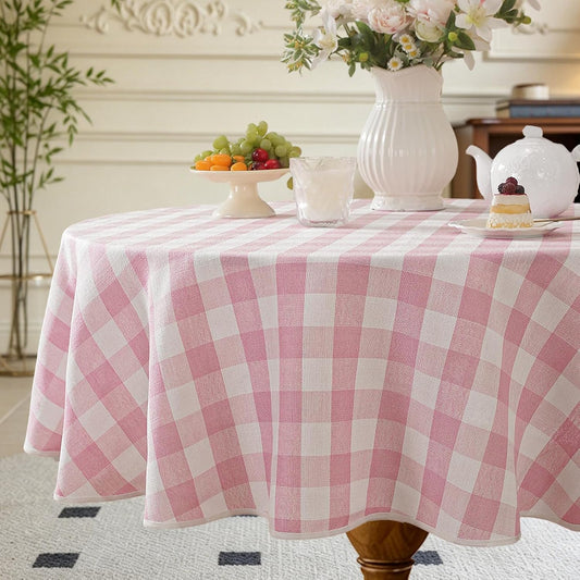 Alsoo Pink Gingham Round Tablecloth 60 Inch, Checkered Circle Table Cloth Washable Wrinkle Free, Cotton Linen Buffalo Plaid Table Cover for Picnic Kitchen Dining Room
