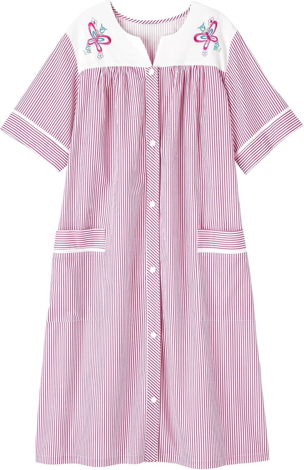 AmeriMark Women Calf-Length Snap Front Knit Duster House Coat Robe – Loose-Fitting Plush Bathrobe - Short Sleeve Bath Robe