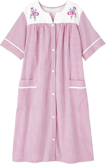 AmeriMark Women Calf-Length Snap Front Knit Duster House Coat Robe – Loose-Fitting Plush Bathrobe - Short Sleeve Bath Robe