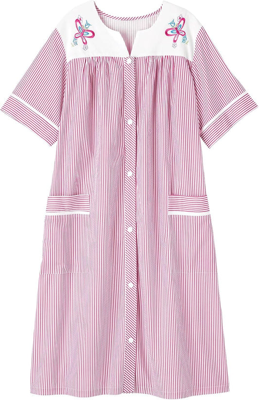 AmeriMark Women Calf-Length Snap Front Knit Duster House Coat Robe – Loose-Fitting Plush Bathrobe - Short Sleeve Bath Robe