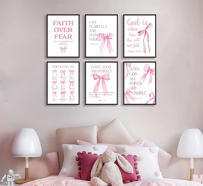 6Pcs Pink Christian Wall Art Inspirational Verse Posters Print Cute Coquette Bow Canvas Pictures for Girls Room Dorm Bathroom Bedroom Wall Decor 8x10In Unframed
