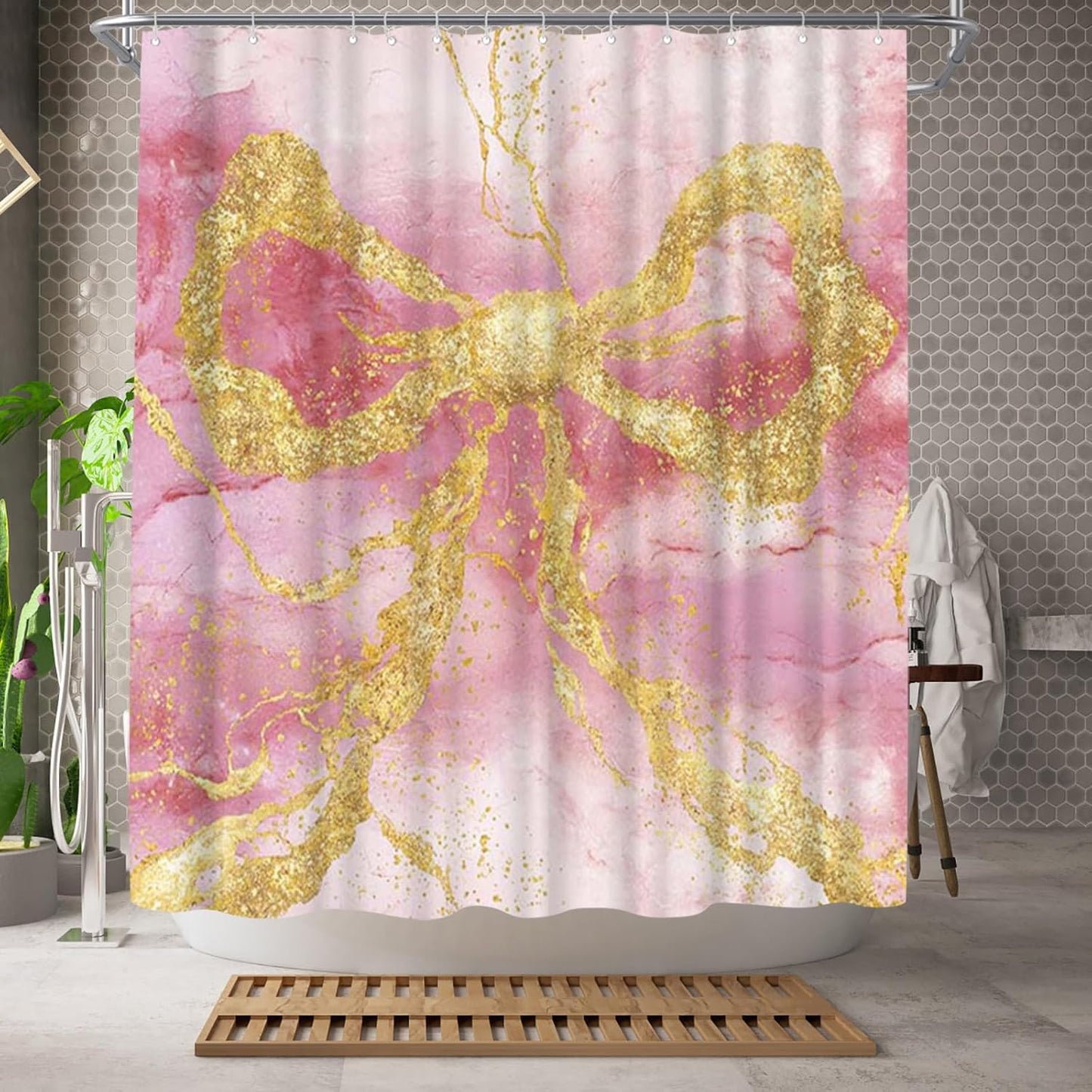 WELMECO Gold Bow Shower Curtain Modern Abstract Marble Shower Curtain 72x72inch Machine Washable Polyester Fabric with 12 Hooks Bathroom Decor (Pink)