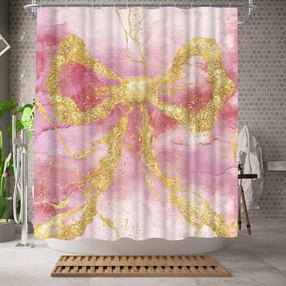 WELMECO Gold Bow Shower Curtain Modern Abstract Marble Shower Curtain 72x72inch Machine Washable Polyester Fabric with 12 Hooks Bathroom Decor (Pink)