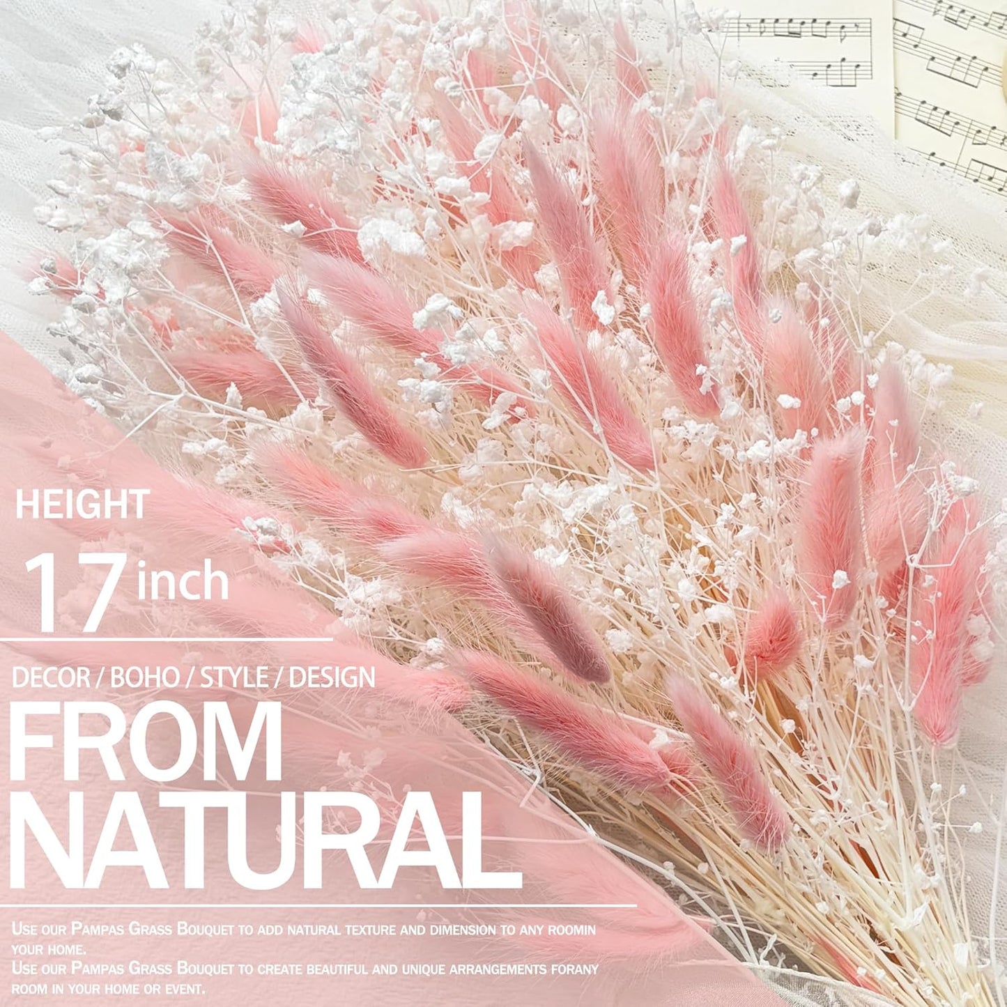 Bunny Tails Dried Flowers Bouquet Fluffy Nature Pampas Grass with Baby Breath Flowers Artificial Flower for Table Bookshelf Home Festival Hobo Wedding Decor (Pink)