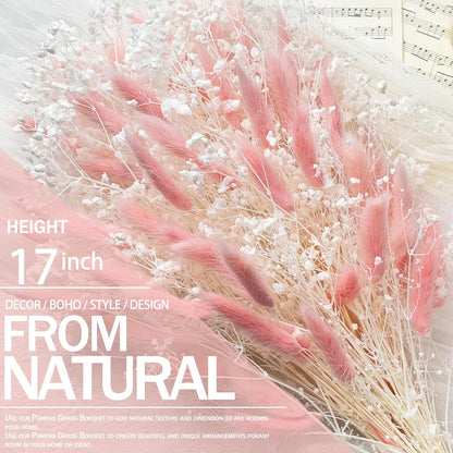 Bunny Tails Dried Flowers Bouquet Fluffy Nature Pampas Grass with Baby Breath Flowers Artificial Flower for Table Bookshelf Home Festival Hobo Wedding Decor (Pink)