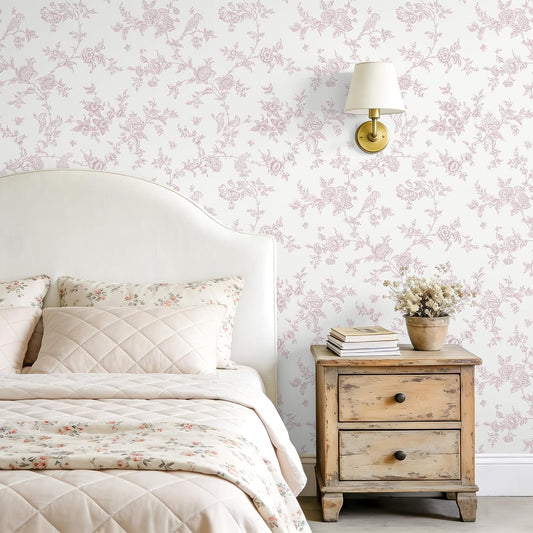 VEELIKE Pink Floral Peel and Stick Wallpaper Vintage Toile Wallpaper for Bedroom 17.7''x118'' Chinoiserie Wall Paper With Birds Flowers Removable Self Adhesive Contact Paper for Cabinets Walls Shelves