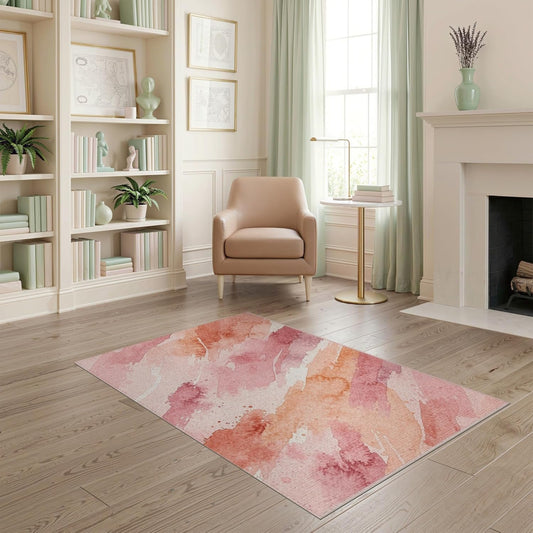 4'x6' Washable Watercolor Abstract Area Rug, Peach Flatwoven Floor Mat Non-Slip Chair-Friendly Carpet for Home Office, Gaming Room, Under Desk | Ref:2165436