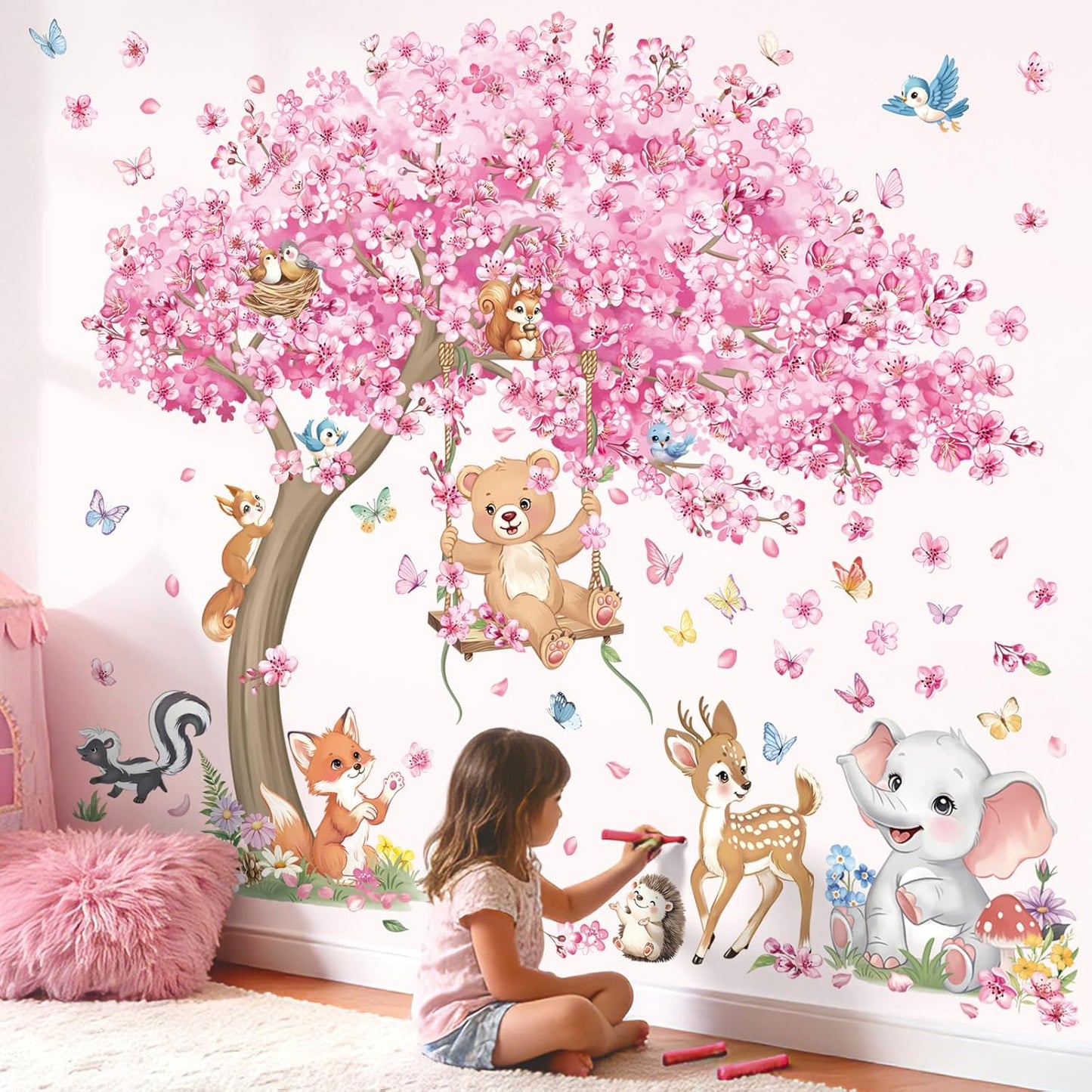 decalmile Large Cherry Blossom Tree Wall Stickers Woodland Animals Bear Deer Pink Flower Wall Decals Baby Nursery Kids Bedroom Living Room Home Decor